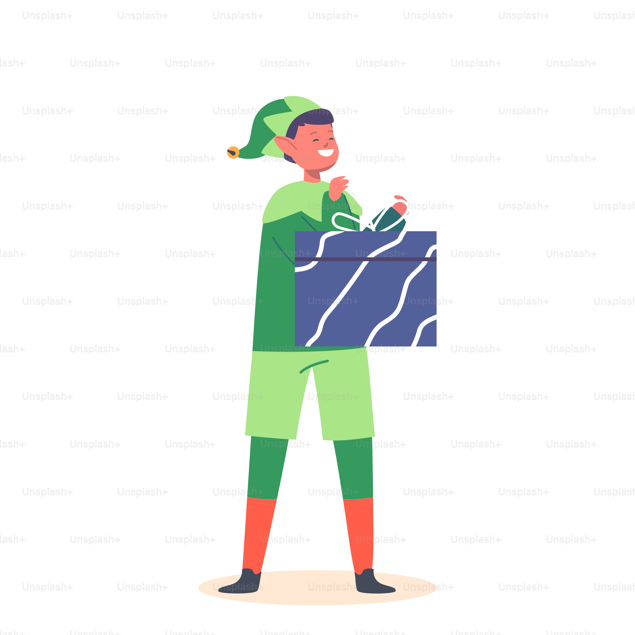 Cute Playful Christmas Elf Boy, Santa Claus Helper in Green Costume and Stockings with Gift Box in Hands. Happy New Year and Merry Xmas Isolated on White Background. Cartoon Vector Illustration