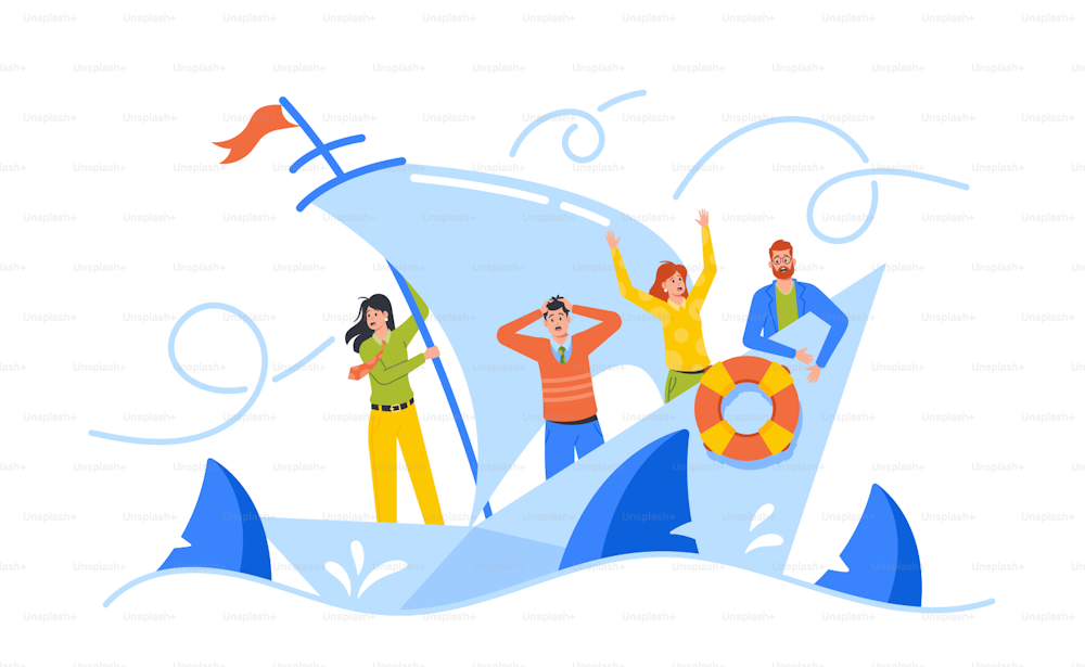 Hopeless Businesspeople Team Shipwreck on Paper Boat. Business Characters Drowning in Ocean. Business People Struggle With Problem, Obstacle, Mistake Or Difficulty. Cartoon Vector Illustration