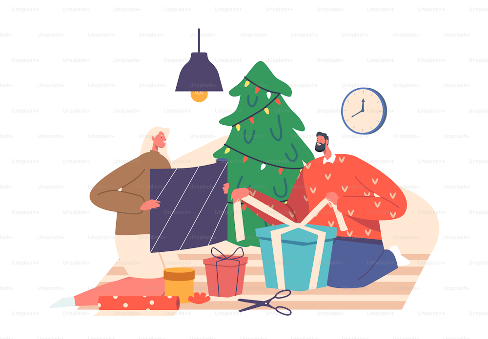 Festive Xmas Eve, Male Female Characters Couple Celebrate New Year and Christmas Holidays. Man and Woman Sitting at Decorated Fir Tree Packing Gifts and Presents. Cartoon People Vector Illustration