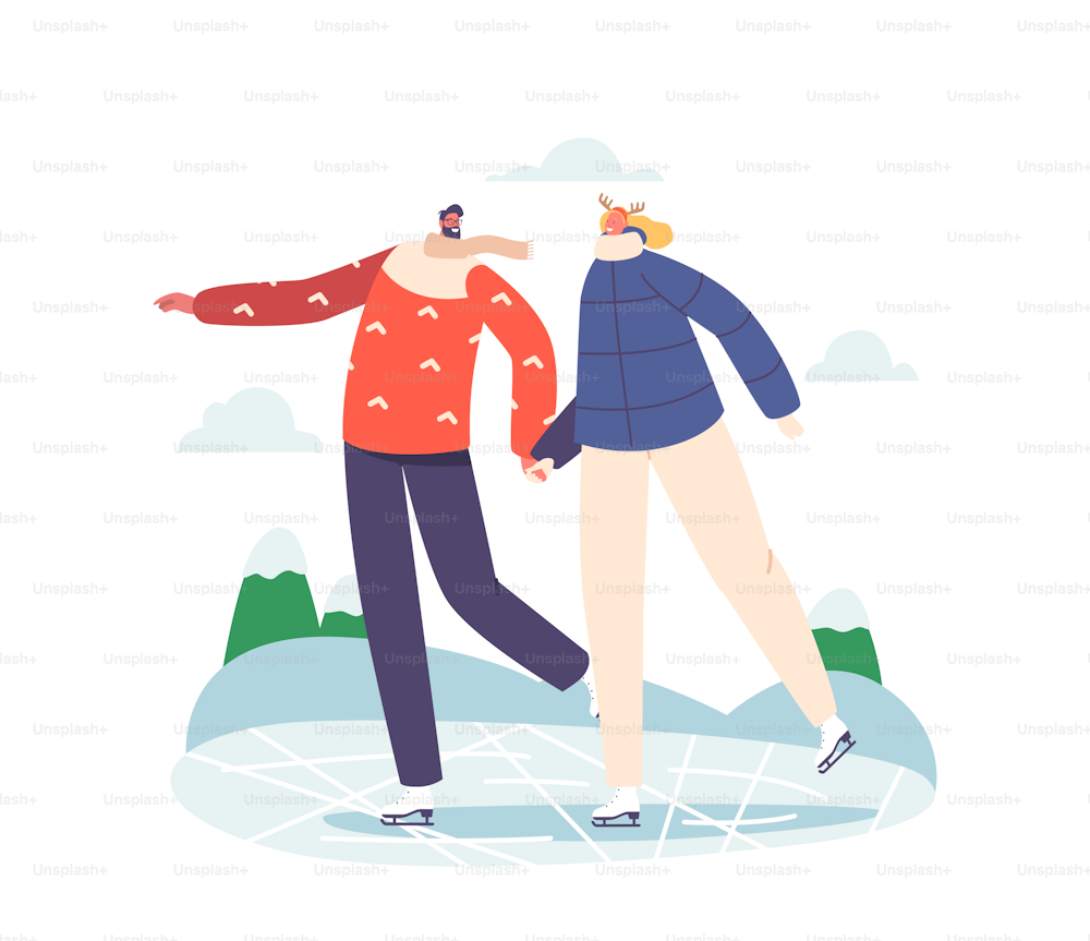 Couple Christmas Holidays Spare Time Amusement. Happy People Performing Outdoor Leisure Activities at Winter Park. Male and Female Characters Figure Skating on Frozen Pond. Cartoon Vector Illustration