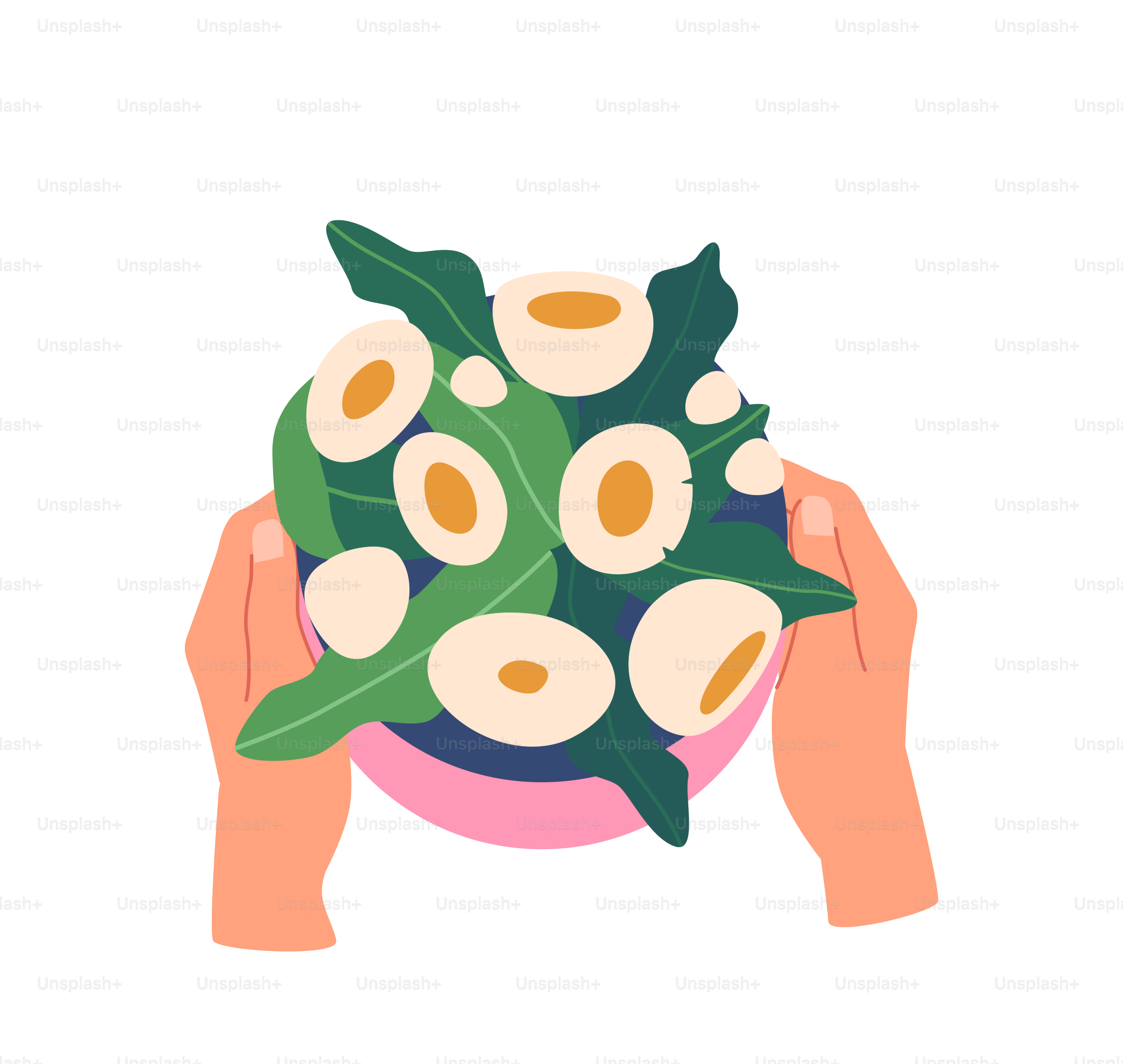 Hände, die Blumenstrauß halten, Draufsicht, isoliert auf weißem Hintergrund. Geschenk für Urlaub, Blüten Geschenk Lieferung, Liebe, Romantik, Jubiläum oder Geburtstagsfeier. Cartoon-Vektor-Illustration