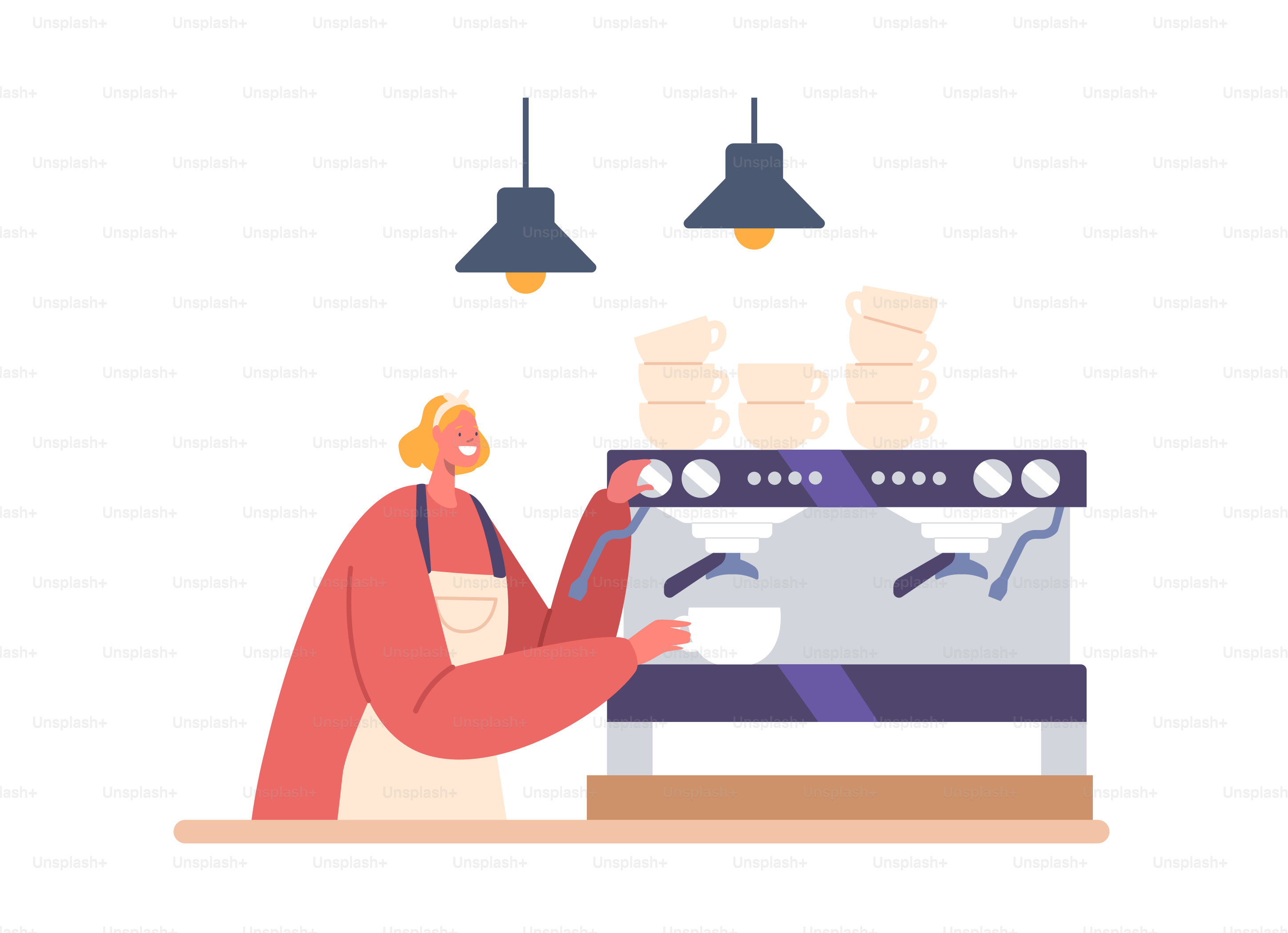 Woman Barista Brewing Coffee. Waitress Pouring Hot Drink into Cup in Coffee Shop. Bartender Work, Character Wear Apron Work in Cafe Cooking Fresh Aromatic Beverage. Cartoon People Vector Illustration