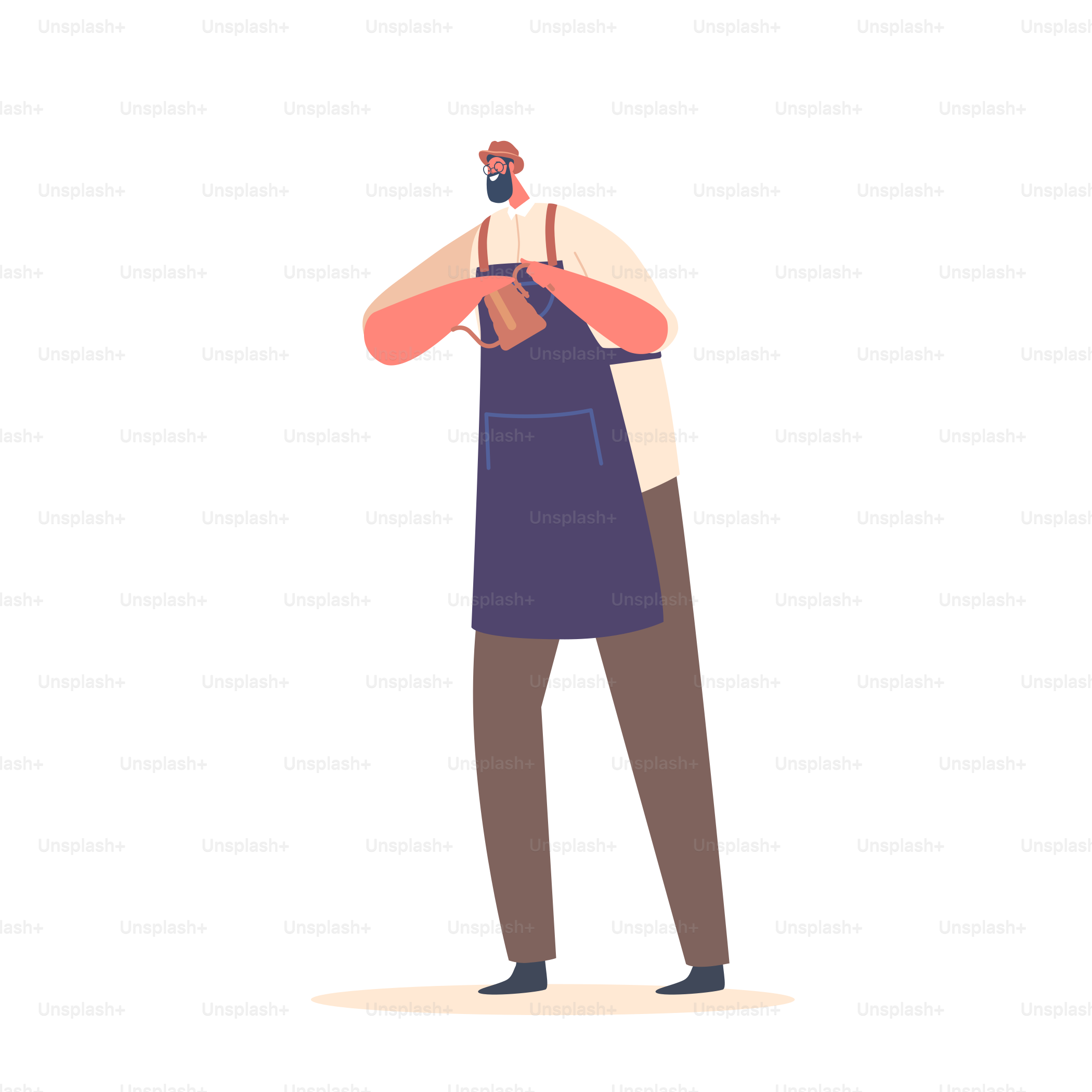 Hipster Barista Pouring Coffee Isolated On White Background. Smiling Male Character Bartender Wear Apron Work in Cafe or Coffee Shop Cooking Fresh Aromatic Beverage. Cartoon People Vector Illustration