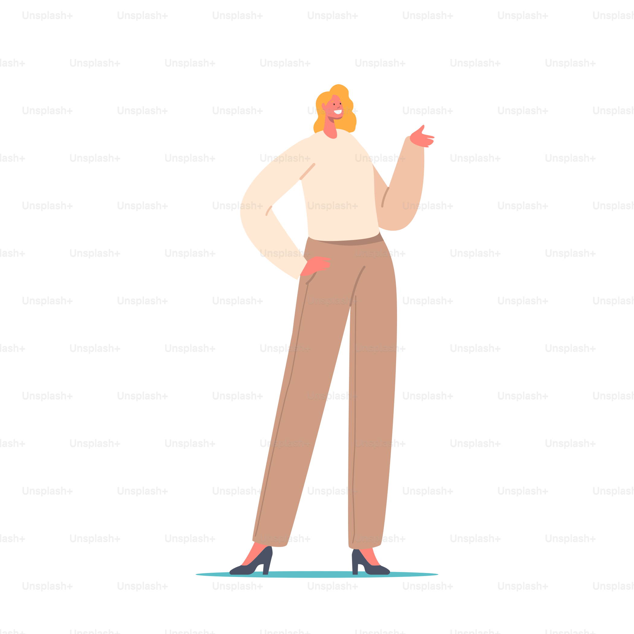 Chica elegante de pelo rubio que lleva ropa elegante gesticulando con la mano aislada sobre fondo blanco. Empresaria, profesora, entrenadora, colección de ropa de exhibición femenina. Ilustración vectorial de personas de dibujos animados