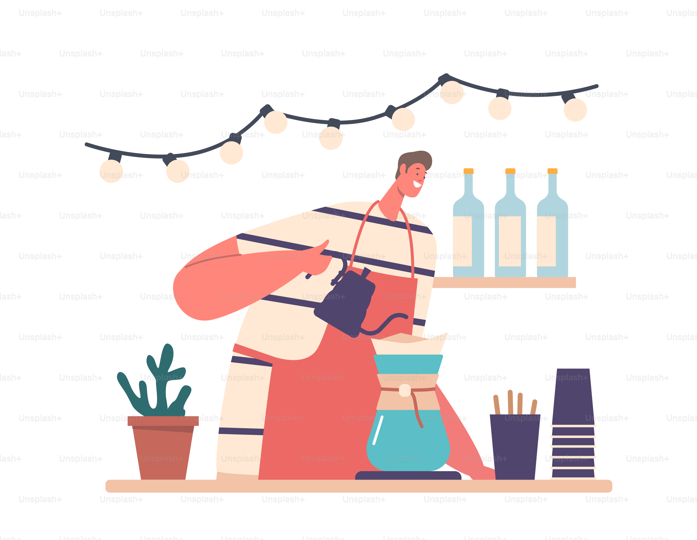 Professioneller Barista, der Kaffee mit Chemex zubereitet, über die Kaffeemaschine und den Wasserkocher gießt. Alternative Möglichkeiten der Kaffeezubereitung, Coffeeshop-Konzept mit Barkeeper. Cartoon Menschen Vektor Illustration