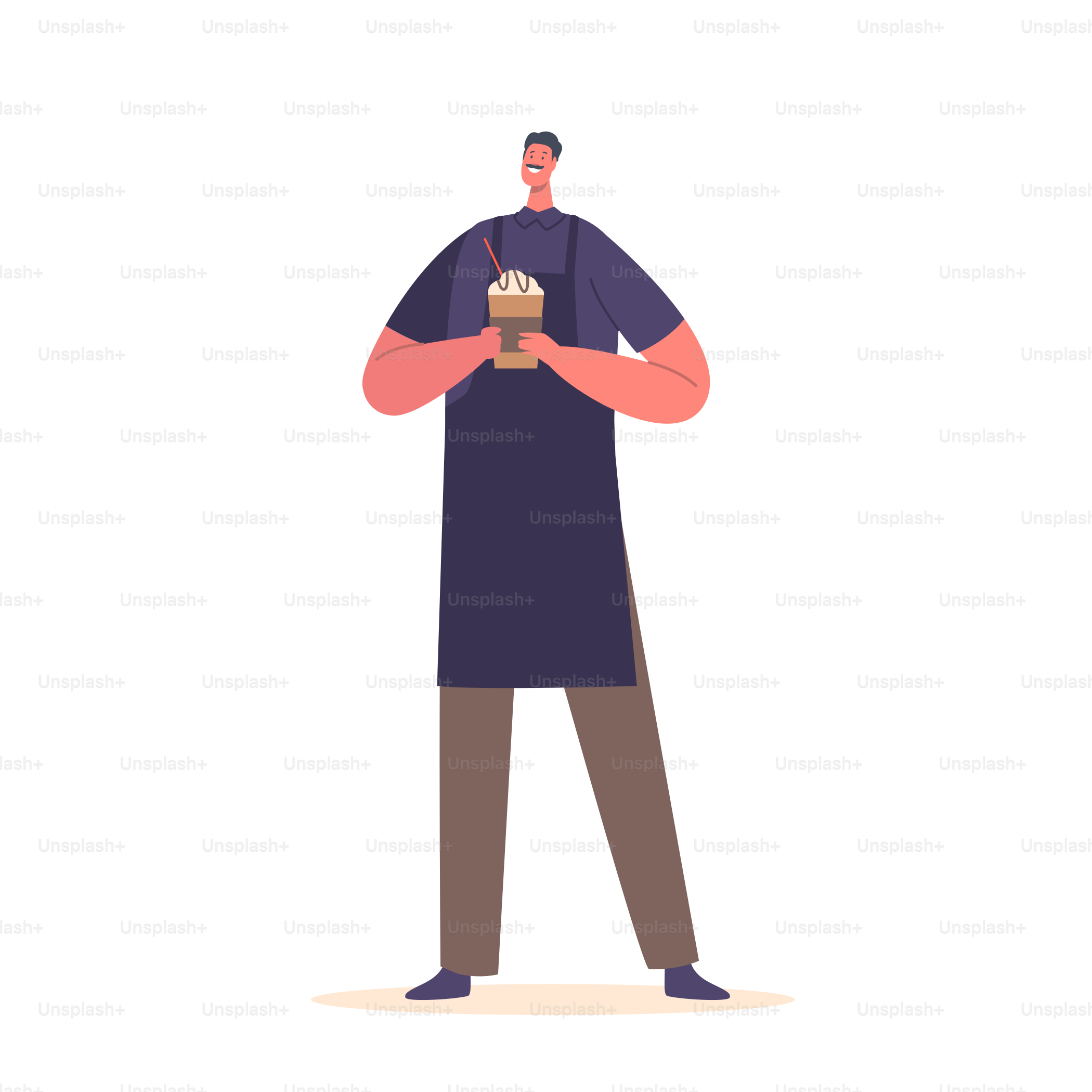 Barista Wearing Apron Holding Freshly Brewed Coffee Drink In Hands Isolated on White Background. Bartender Character Hold Delicious Cappuccino, Espresso, Americano. Cartoon People Vector Illustration