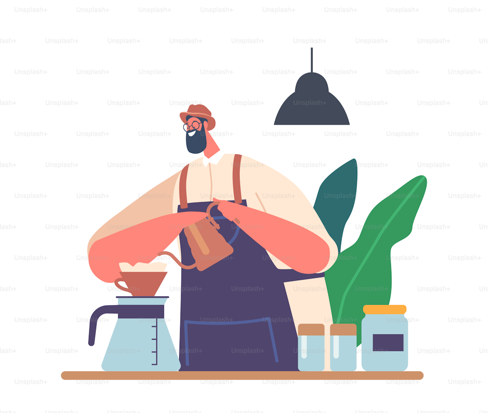 Hipster Barista Making Coffee Pour Over Brewing, Smiling Male Character Bartender Wear Apron Work in Cafe or Coffee Shop Cooking Fresh Aromatic Beverage. Cartoon People Vector Illustration
