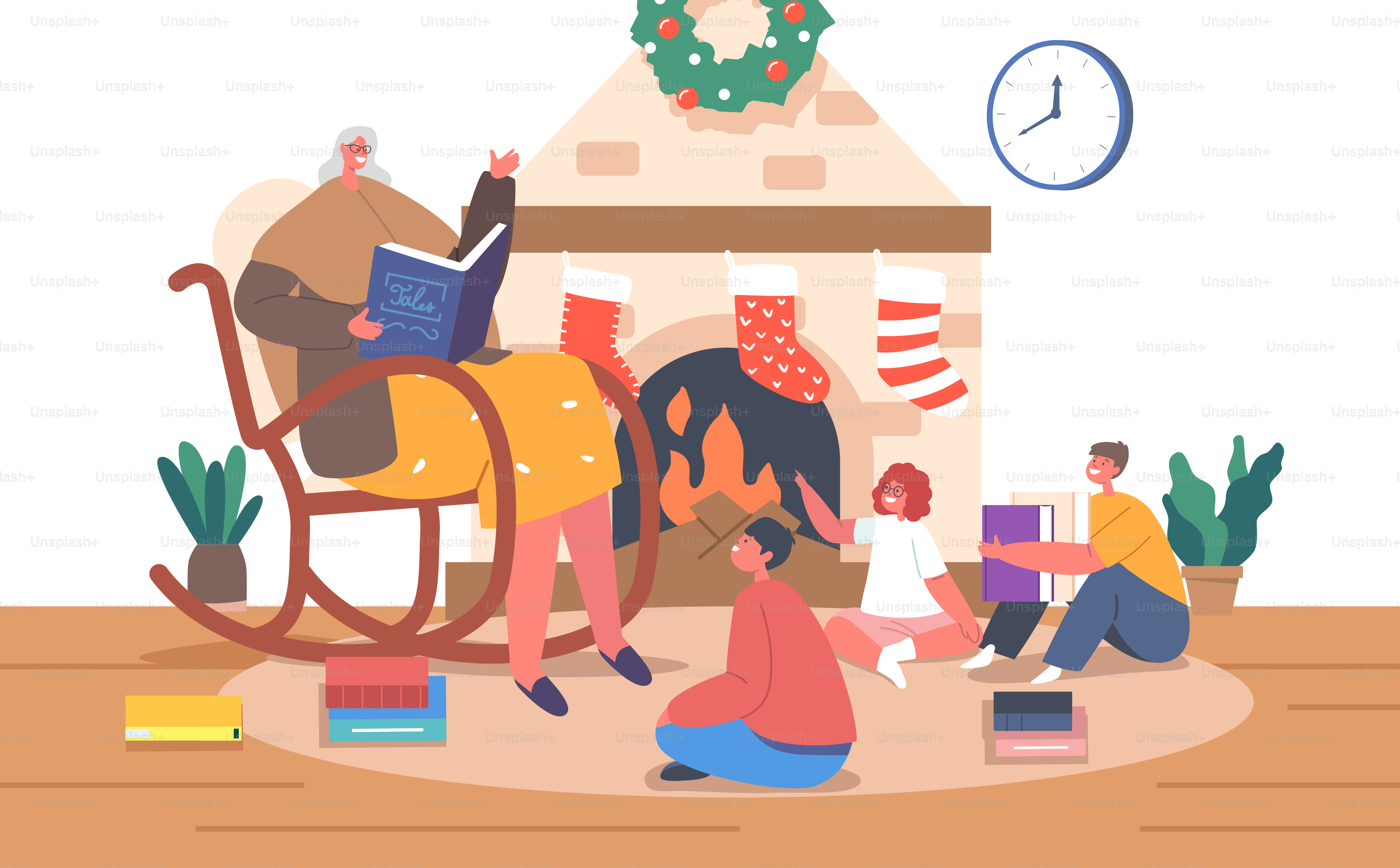 Oma sitzt auf Schaukelstuhl und liest kleinen Mädchen und Jungen in der Nähe des dekorierten Kamins in der Weihnachtsnacht ein Buch vor. Kinder hören weihnachtliche Zaubergeschichten. Cartoon Menschen Vektor Illustration