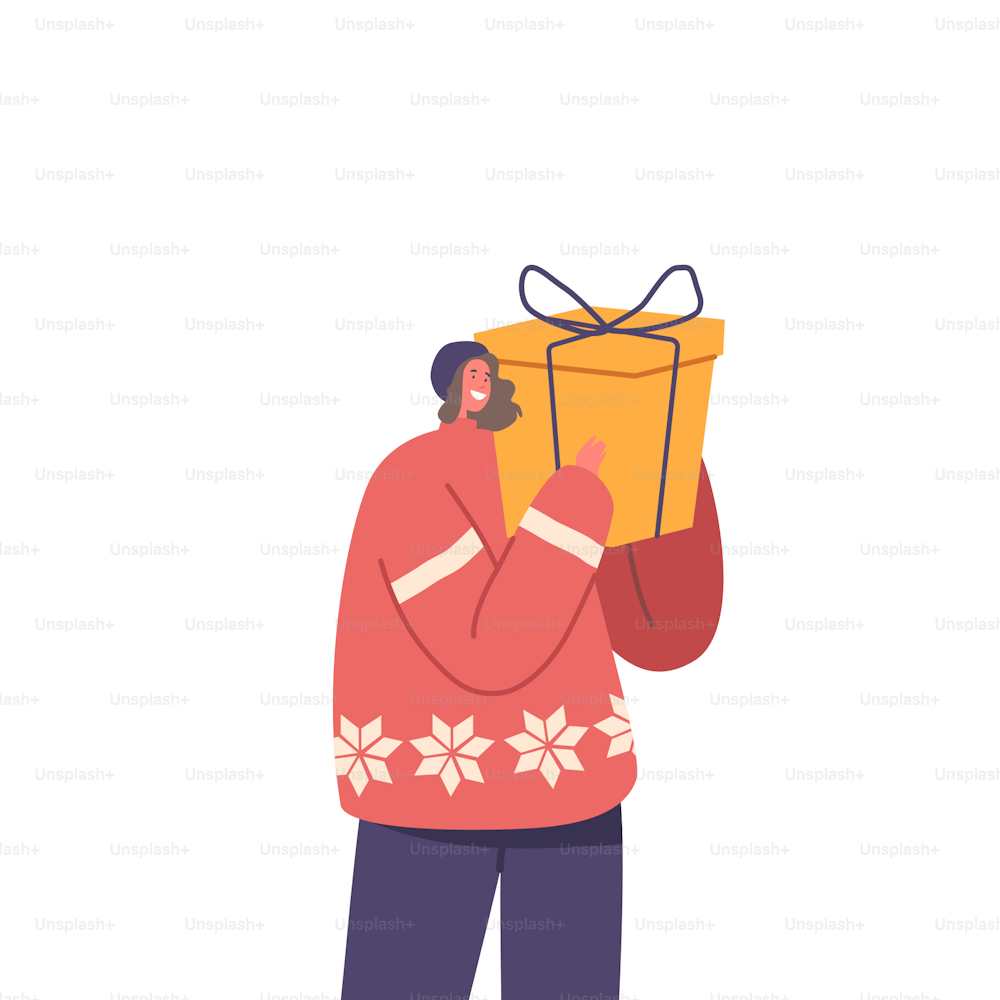 Glückliche Frau trägt einen warmen Pullover, der eine große Geschenkbox hält, die mit einer festlichen Schleife umwickelt ist. Überraschte weibliche Figur erhalten Geschenk auf Feiertagsfeier isoliert auf weißem Hintergrund. Cartoon-Vektor-Illustration