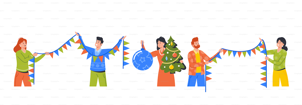 Happy People Friends, Family or Business Colleagues Prepare for Christmas Holidays and Decorate Tree Together. Men and Women Celebrate New Year at Home or Office. Cartoon Vector Illustration
