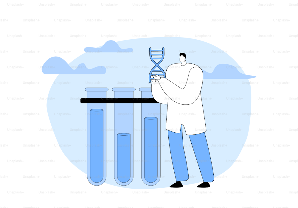 Geneticist Working with Dna and Glass Flasks in Lab. Scientist Character doing Scientific Work. Medicine Technology, Genetic Testing. Doctor with Beaker Laboratory Research Cartoon Vector Illustration