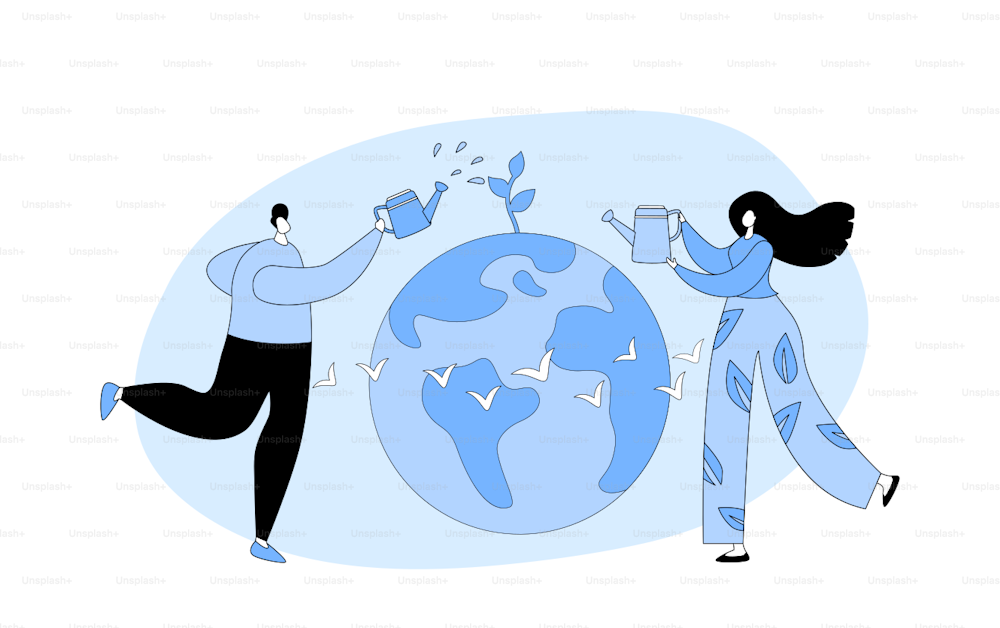Day of Earth, Ecological Issues, Global Warming, Environment Care Concept. Man and Woman Planting and Watering Tree Seedling on Earth Globe, Volunteers Saving Nature. Cartoon Vector Illustration