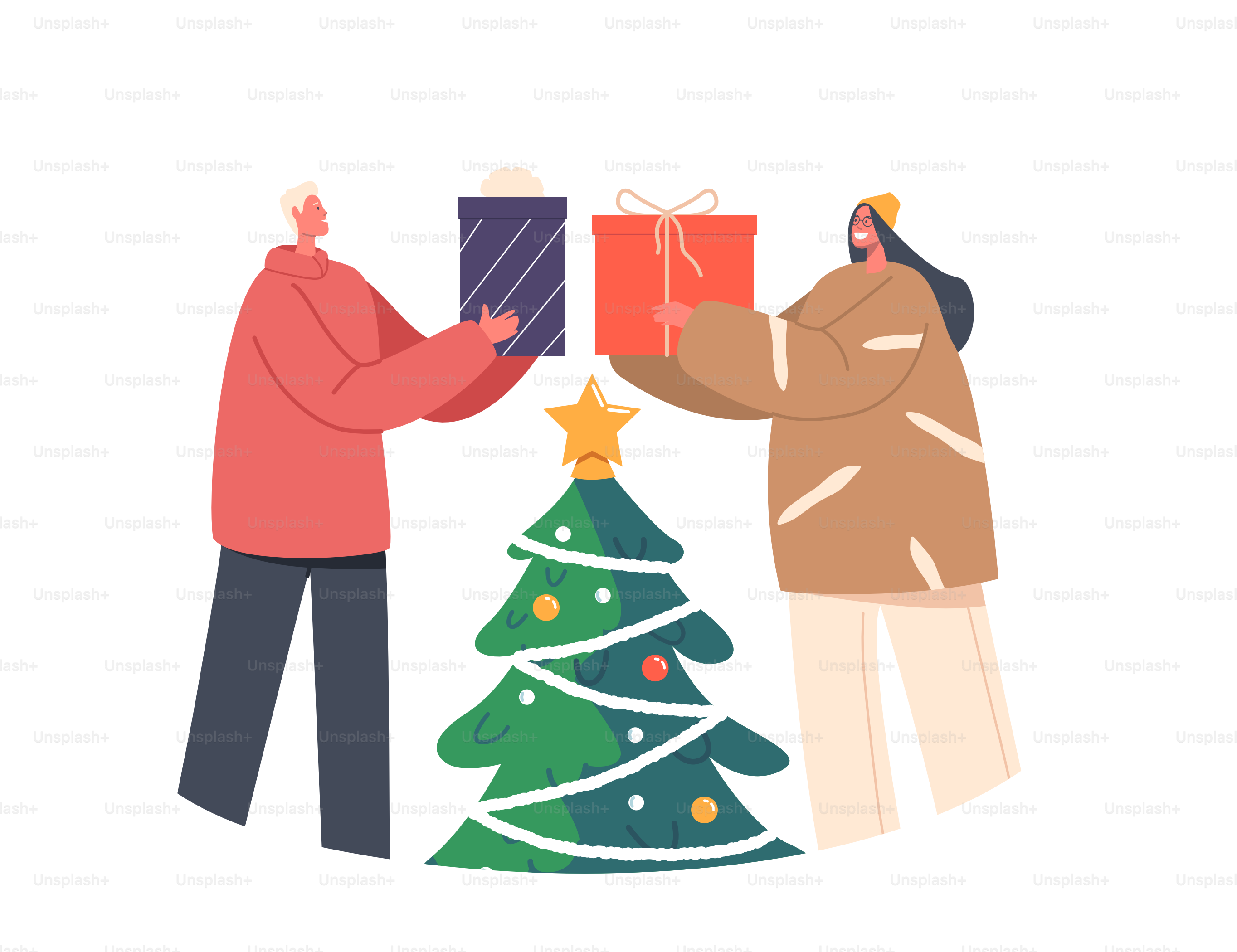 Jeunes personnages heureux avec des boîtes cadeaux. Un homme et une femme s’offrent des cadeaux surprises isolés sur fond blanc. Concept de célébration romantique des fêtes. Illustration vectorielle des personnages de dessin animé