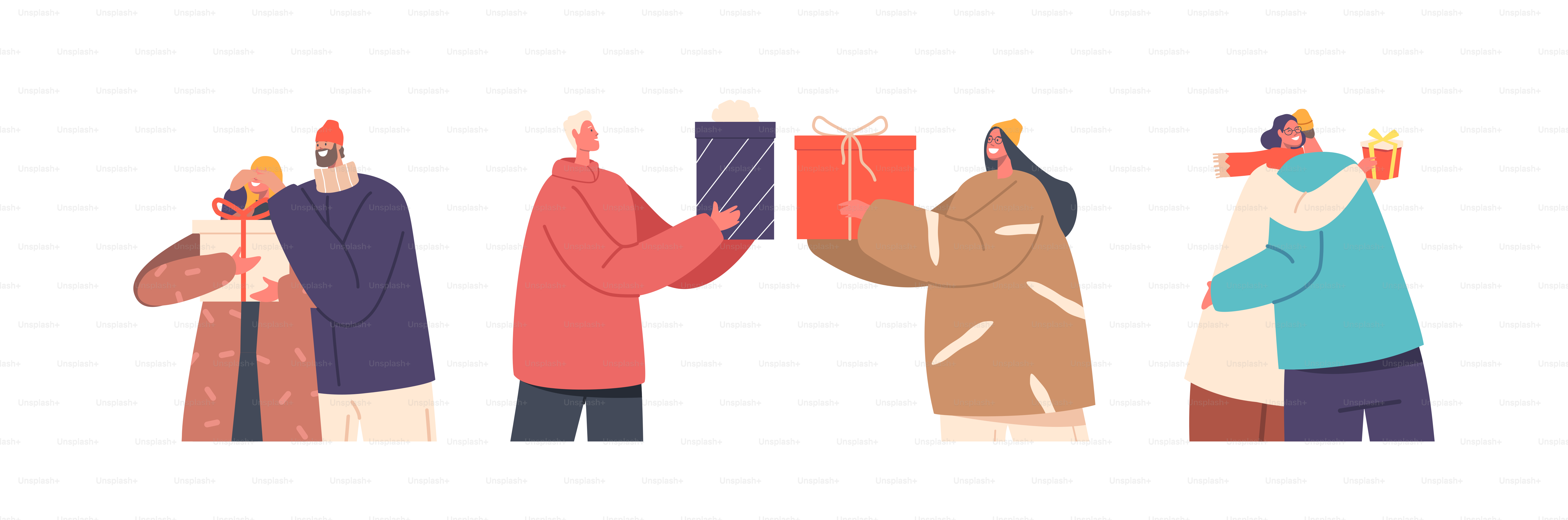 Set Young Couple Celebrate Christmas Holiday Exchange Gifts and Hug. Happy Family Characters Man and Woman New Year or Xmas Celebration Isolated on White Background. Cartoon People Vector Illustration