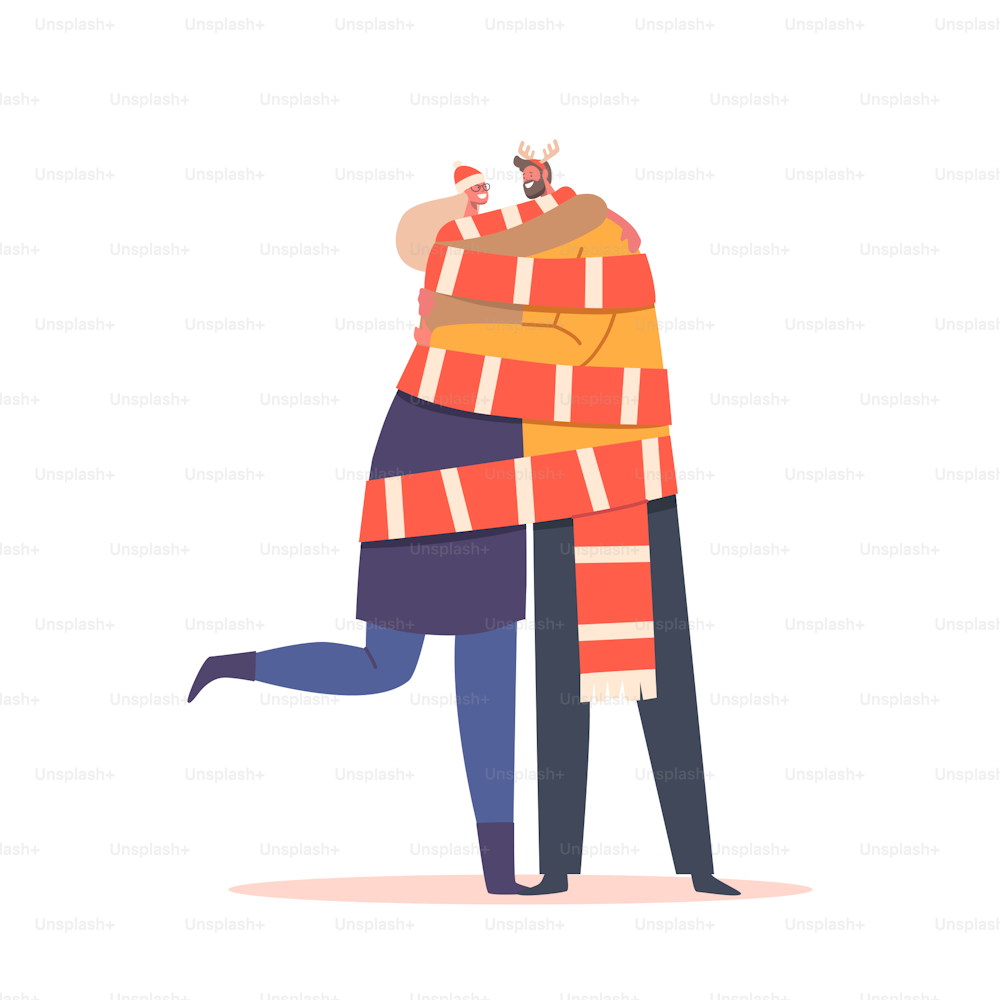 Loving Couple Wrapped in Long Scarf Together. Male and Female Characters Hug. Man and Woman Wear Christmas Costumes and Hats Cuddle Isolated on White Background. Cartoon People Vector Illustration