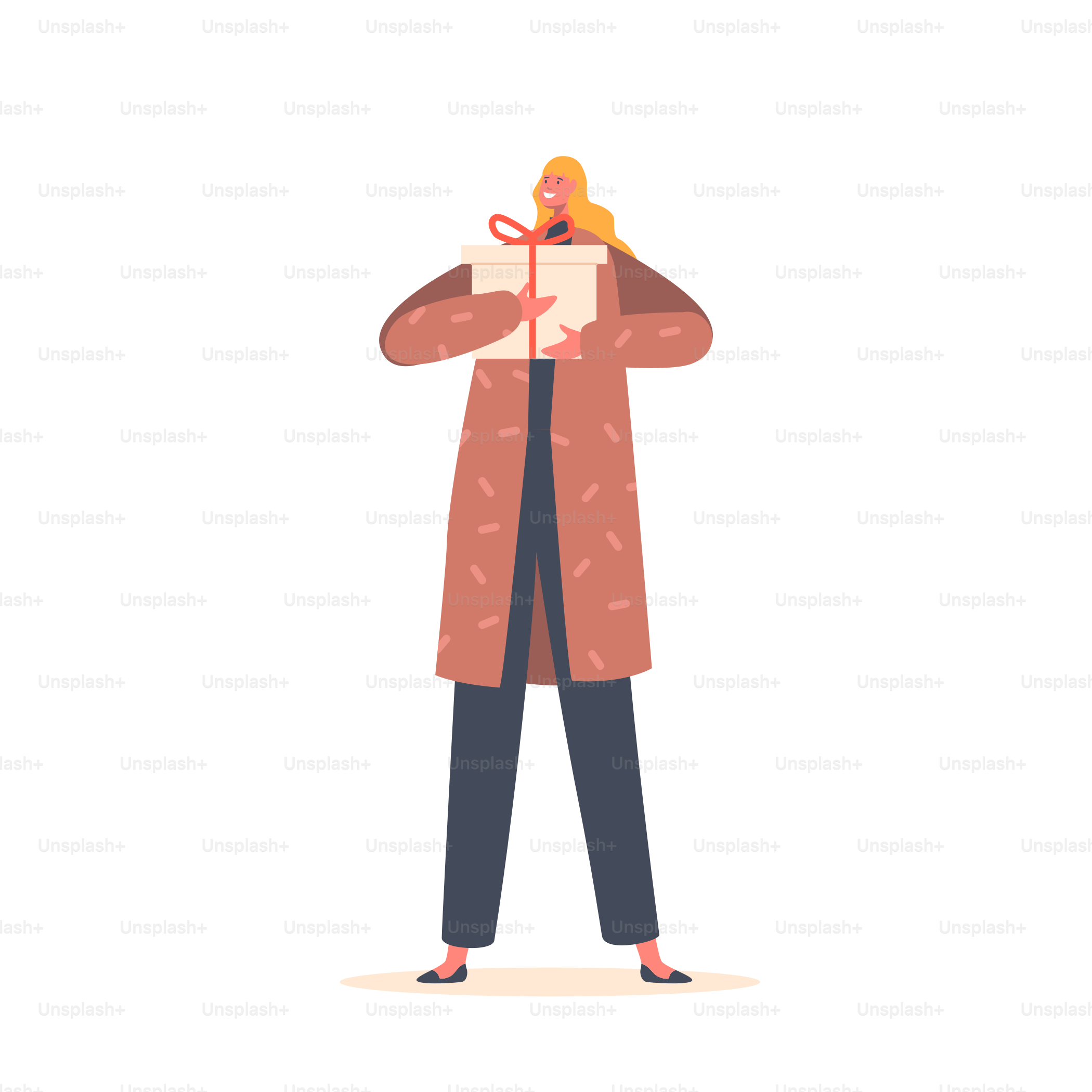 Happy Girl avec boîte cadeau de Noël, personnage féminin tenant un cadeau pour la célébration des fêtes d’hiver. Événement festif avec cadeaux et vœux isolés sur fond blanc. Illustration vectorielle de bande dessinée