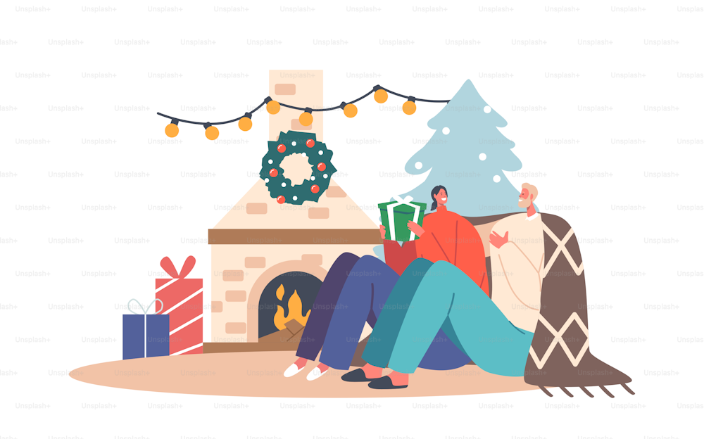 Happy Couple Man and Woman in Warm Cozy Sweaters and Plaid Sitting at Room with Fireplace Exchange Gifts for Christmas Holidays, Young Family Xmas Spare Time at Home. Cartoon Vector Illustration