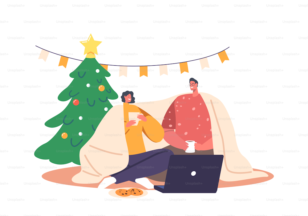 Young Loving Couple Sitting in on Floor Living Room Drinking Tea, Chatting, Watching Movie on Laptop during Christmas Holidays. Male and Female Characters Love, Sparetime. Cartoon Vector Illustration