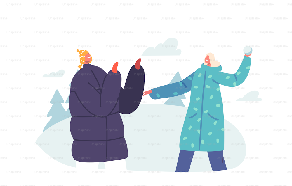 Winter Season Outdoors Activities. Happy Couple or Friends Young Woman and Man Characters Playing Snowballs on Street. People Fun for Christmas and New Year Holidays. Cartoon Vector Illustration