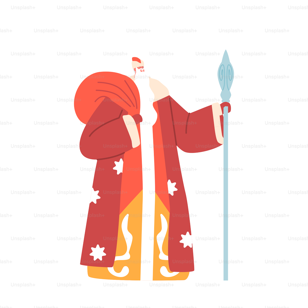 Avô Frost, Ded Moroz ou Papai Noel Feliz Ano Novo Personagem em vermelho traje tradicional russo carregar saco com presentes segurando pessoal isolado em fundo branco. Ilustração vetorial dos desenhos animados
