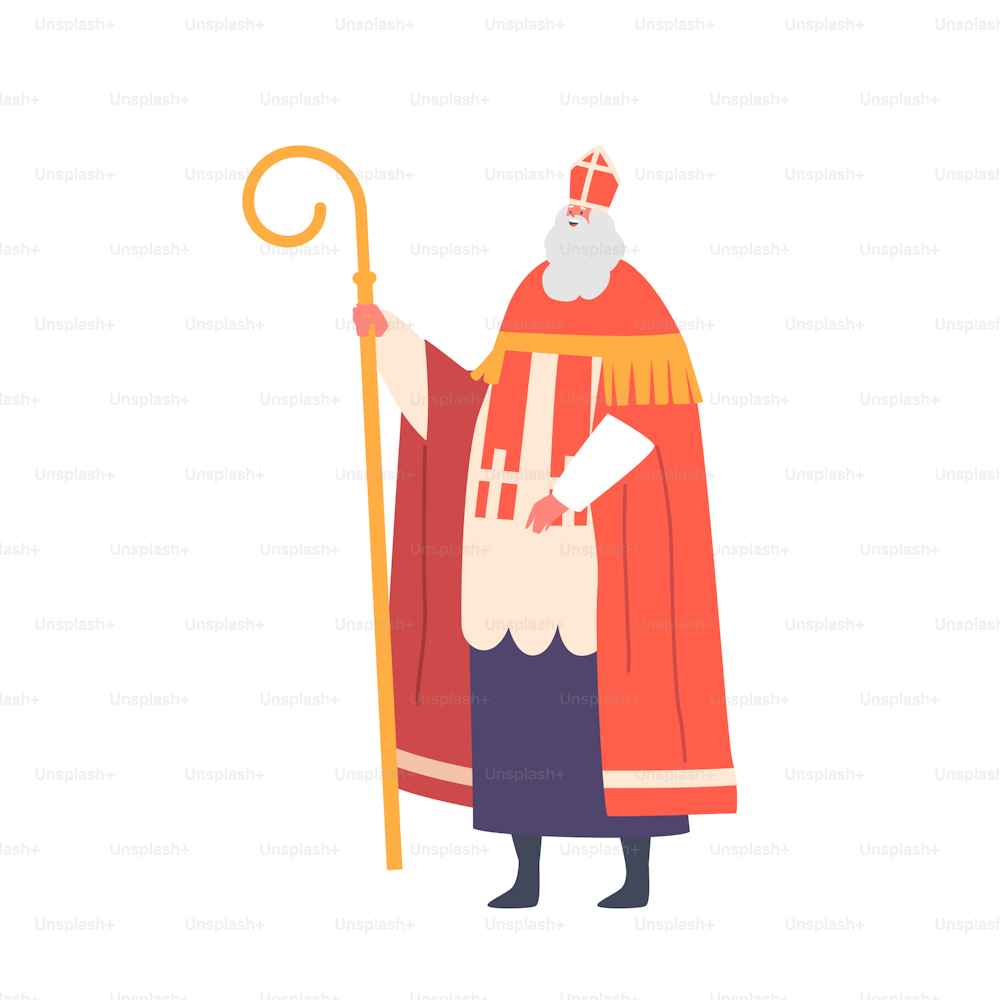 Personaggio di Babbo Natale dell'Olanda in costume tradizionale rosso e bastone curvo in mano isolato su sfondo bianco. Vacanze invernali Buon Natale e Felice Anno Nuovo. Illustrazione vettoriale del fumetto