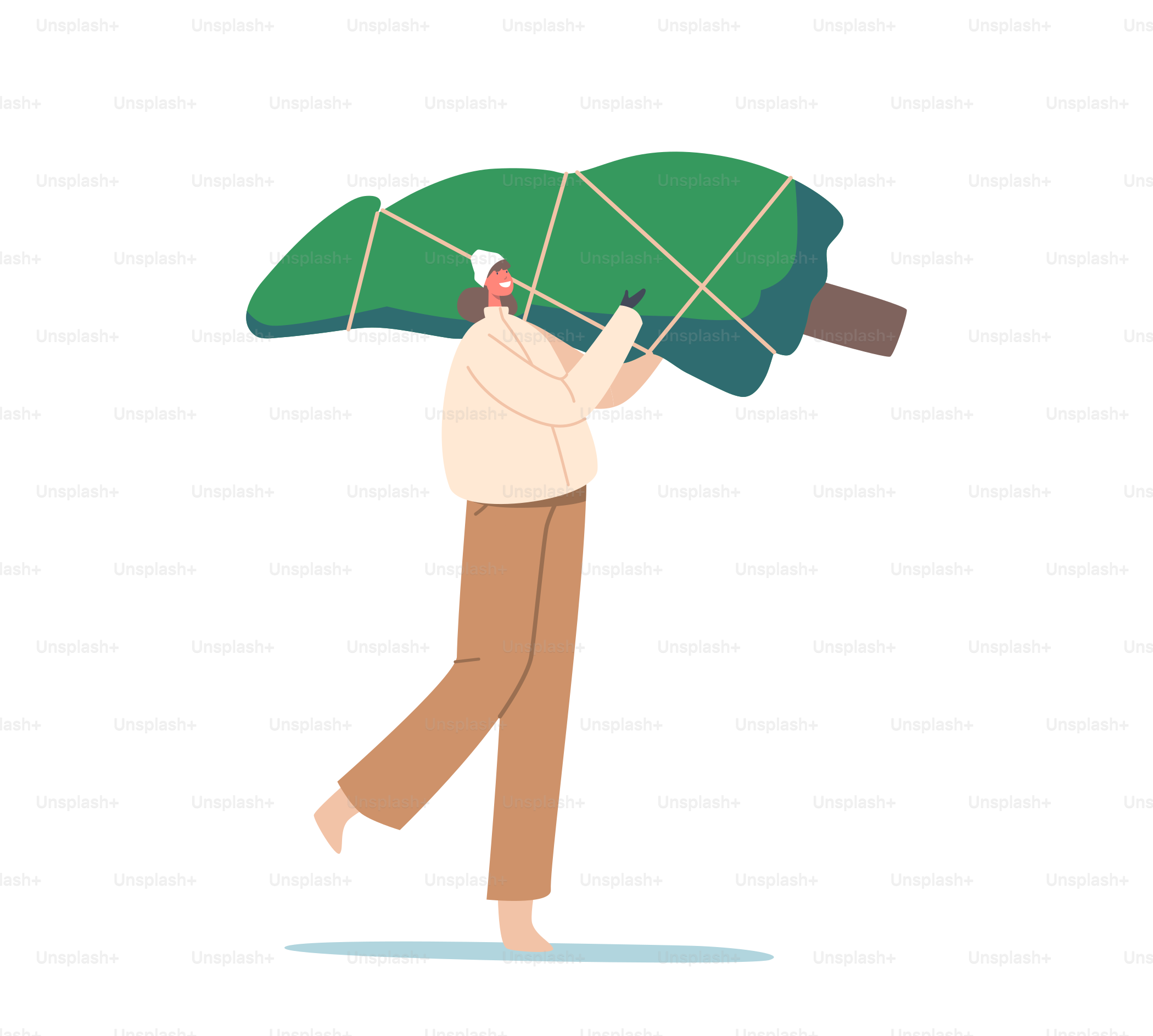 Happy Girl in Winter Clothes Carry Fir Tree Isolated on White Background. Christmas Holidays Preparation, New Year and Xmas Eve. Woman in Festive Mood Walking with Spruce. Cartoon Vector Illustration