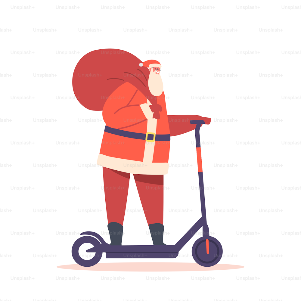 肩に赤い袋にプレゼントを持つ電動スクーターに乗るサンタクロース。クリスマスプレゼントの配達コンセプト。赤いお祝いスーツを着た父親のノエルキャラクターは子供たちに急いでいます。漫画の人々のベクターイラスト