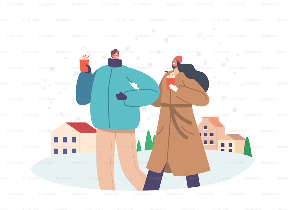 Young Male and Female Characters in Warm Clothes Enjoying Winter Drinks. People Drinking Hot Beverages at Wintertime Season, Christmas Holidays Vacation, Sparetime. Cartoon Vector Illustration