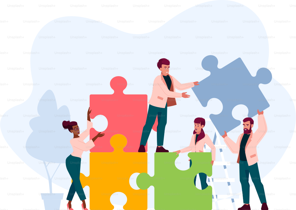 Office Employees Cooperation, Joint Work, Partnership. People Group Stand on Ladder Together Set Up Huge Colorful Separated Puzzle Pieces. Businesspeople Teamwork Concept. Cartoon Vector Illustration