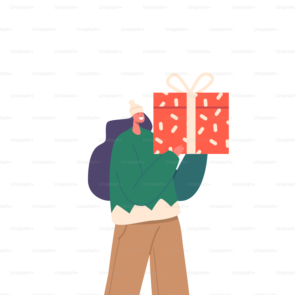 Glückliches Mädchen in grünem Winterpullover und Mütze mit Geschenkbox. Weibliche Figur, die ein Geschenk für festliche Feiertage, Weihnachten, Neujahr oder Valentinstag hält. Cartoon-Vektor-Illustration