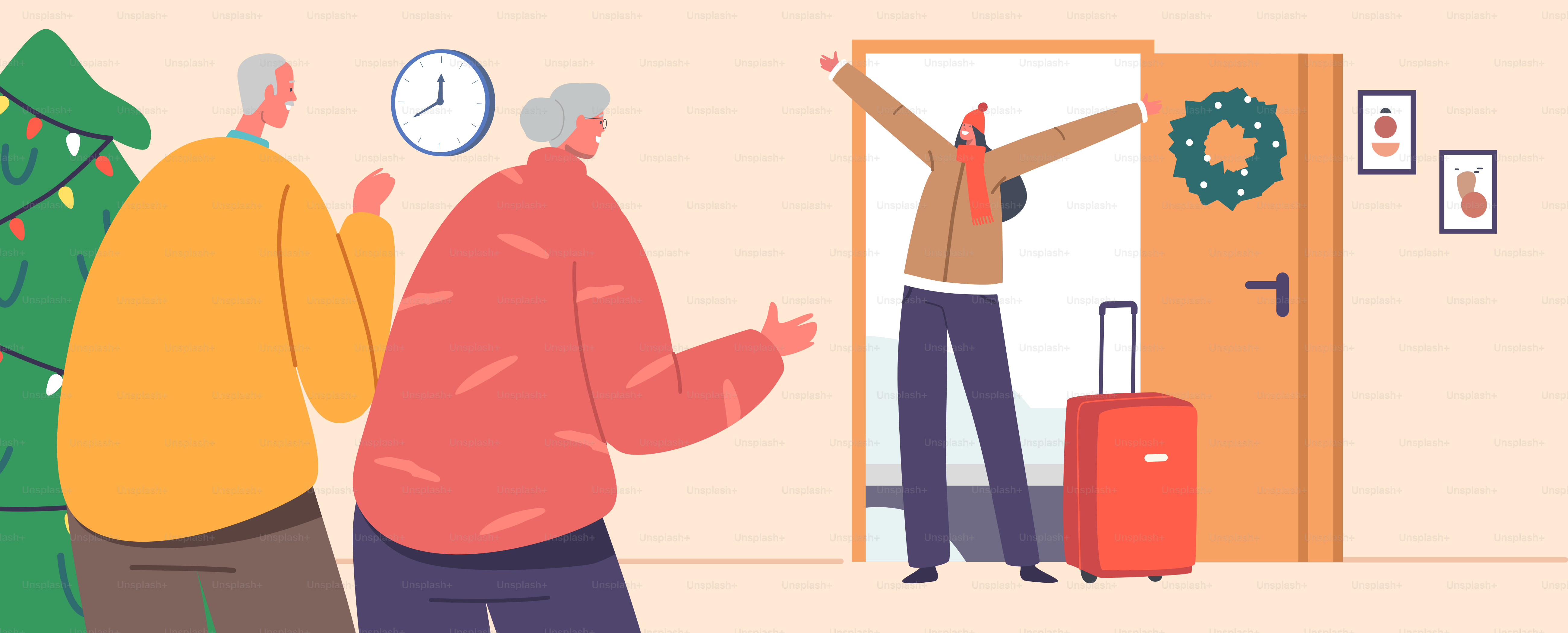 Chica feliz con el puesto de maleta en la puerta de casa de los abuelos. Reunión familiar para las vacaciones de Navidad. Hija Carácter visita a los padres mayores en su casa. Ilustración vectorial de personas de dibujos animados