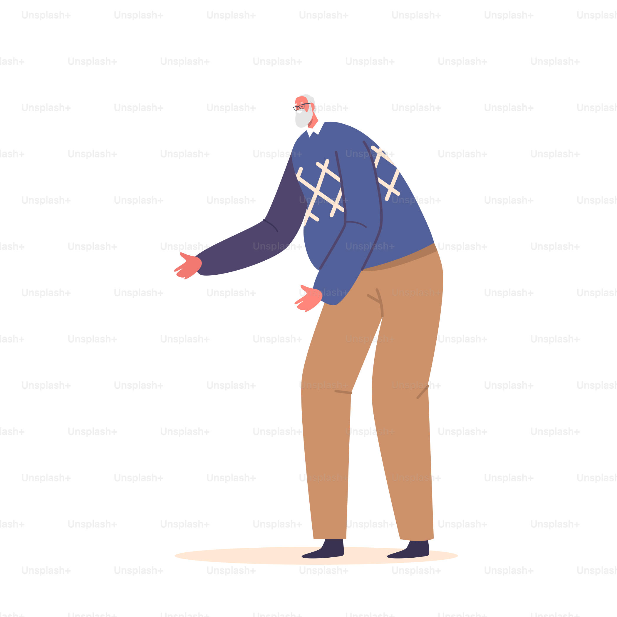 成熟したポジティブな男性、祖父、シニア男性キャラクターが白い背景にクリスマスセーターを着ています。独身の幸せな人がハグのために手を準備します。カートゥーンピープルのベクターイラストレーション