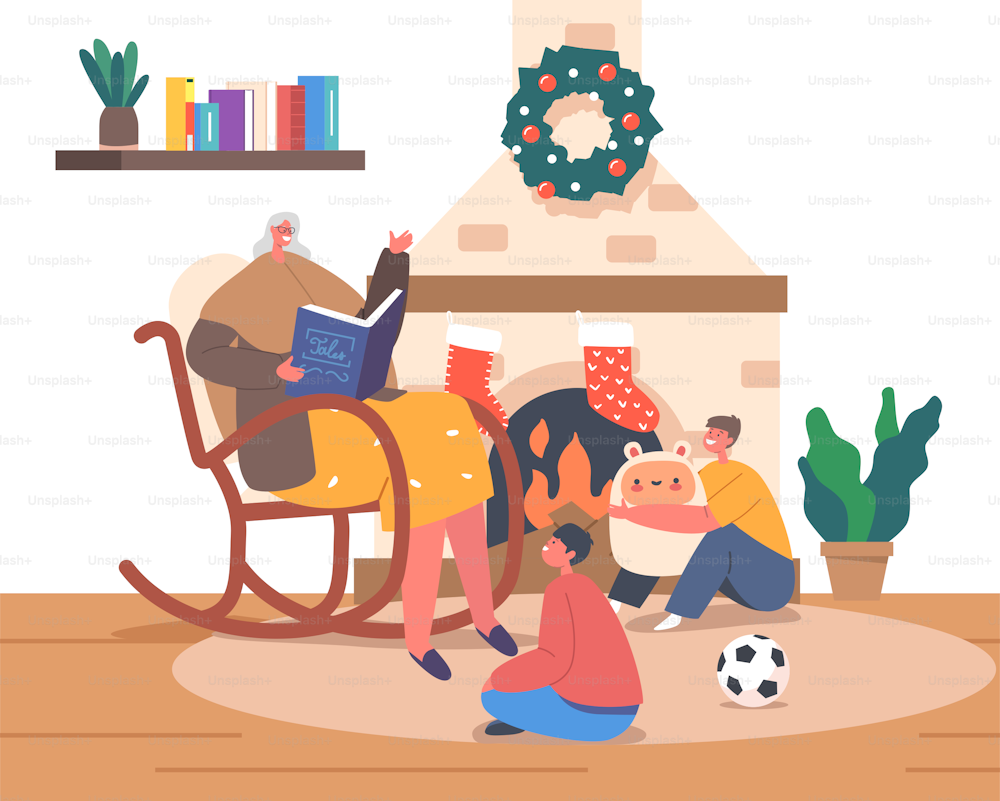 Oma liest Weihnachtsgeschichten und Märchen für Kinder vor, die am Schaukelstuhl in der Nähe des Kamins sitzen. Glückliche Familiencharaktere Weihnachtsabend Freizeit, magische festliche Nacht. Cartoon Menschen Vektor Illustration