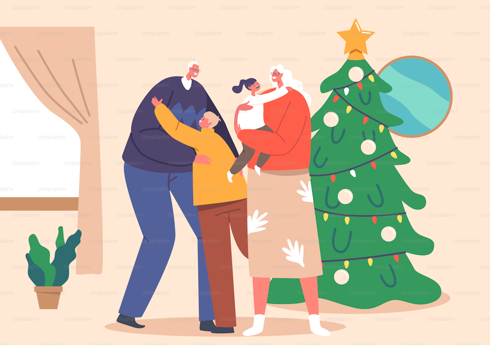 Glückliche Kinder umarmen Großeltern zu Hause im Interieur. Familientreffen für die Weihnachtsferien. Kleine Enkelkinder Charakter besuchen Großvater und Großmutter Haus. Cartoon Menschen Vektor Illustration