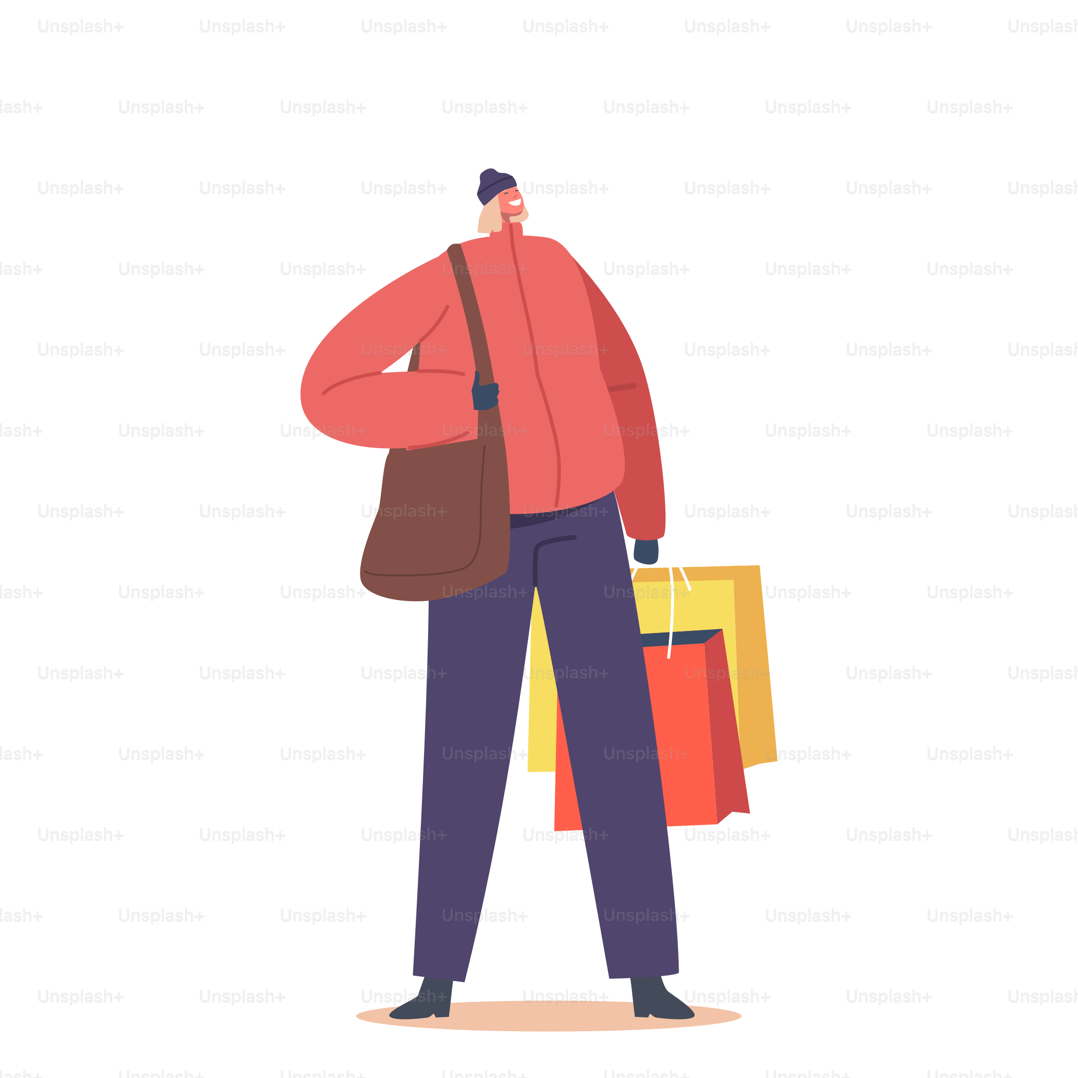 Personaggi femminili in abiti invernali portano regali di Natale in borse per le celebrazioni delle festività. Donna felice con regali in pacchetti isolati su sfondo bianco. Illustrazione vettoriale di Personaggi dei Cartoni Animati