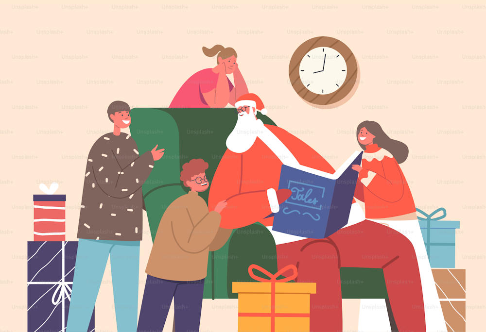 Der Weihnachtsmann las den Kindern Geschichten vor, Pater Noel sitzt auf einem Sessel an einem geschmückten Tannenbaum mit einem Buch in der Hand und liest kleinen Kindern vor. Cartoon Menschen Vektor Illustration