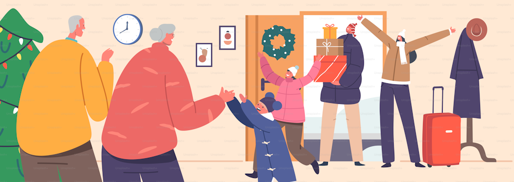 Happy Family Characters Meeting Grandparents at their Home. Mother, Father and Little Kids Arrived for Christmas Holidays. People Visit Grandmother and Grandfather House. Cartoon Vector Illustration
