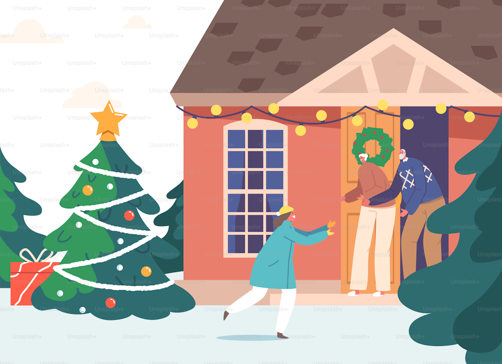 Glückliches Kind rennt zu den Großeltern, die an der Haustür stehen. Familientreffen für die Weihnachtsferien. Kleine Enkelin Charakter besuchen Großvater und Großmutter zu Hause. Cartoon Menschen Vektor Illustration