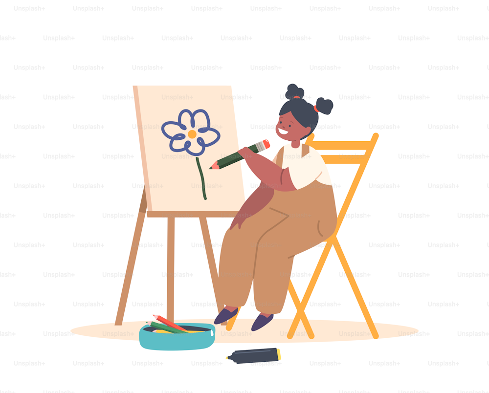 Little Child Painting On Easel. Black Girl Character Drawing In Artist Studio Or Art School Workshop Create Pictures On Canvas With Colored Pencils. Cartoon People Vector Illustration