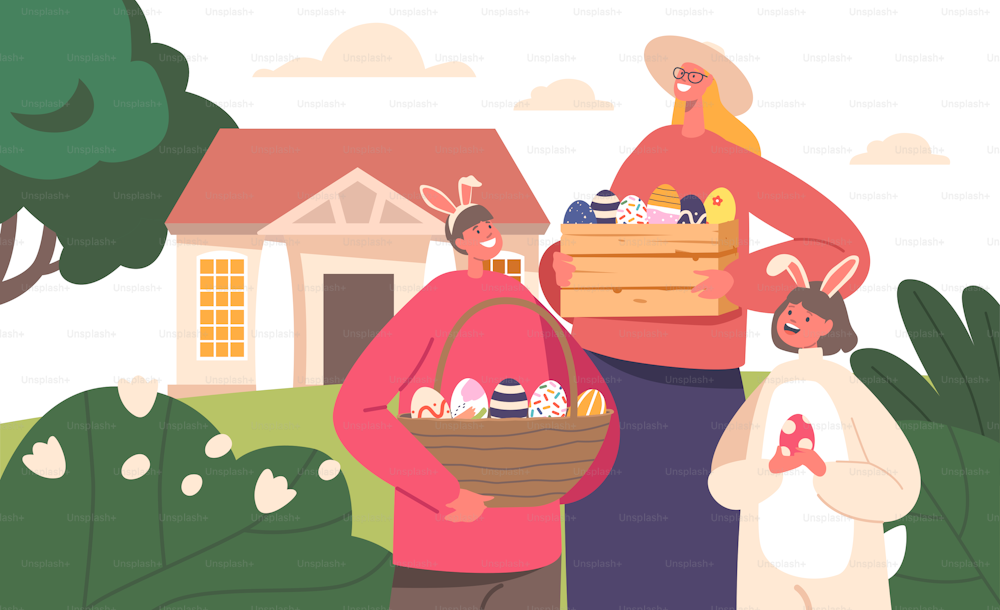 Familia feliz Prepárese para la celebración de Pascua. Madre con niños, niña y niño usan orejas de conejo sosteniendo la canasta y la caja llena de huevos pintados en el patio delantero de la cabaña. Ilustración vectorial de Cartoon People
