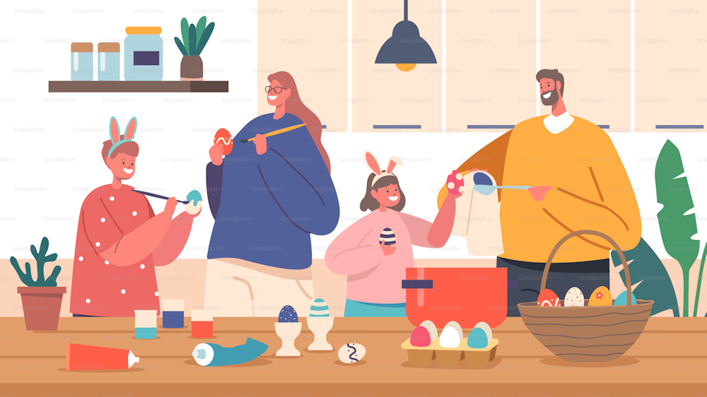 Happy Family Prepare for Easter Celebration. Parents and Children Girl and Boy Wear Rabbit Ears Painting Eggs. People Spend Spring Holidays Time Together. Cartoon Vector Illustration