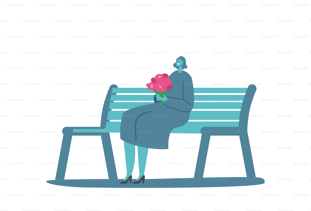 Mujer joven con ramo de flores en las manos sentada en un banco aislada sobre fondo blanco. Personaje femenino feliz en citas románticas en City Park. Ilustración vectorial de Cartoon People