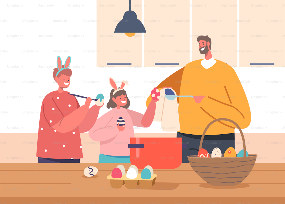 Happy Family Prepare for Easter Spring Holiday Celebration. Father and Little Daughter with Son in Rabbit Ears Painting Eggs, Parents and Child Spare Time, Togetherness. Cartoon Vector Illustration