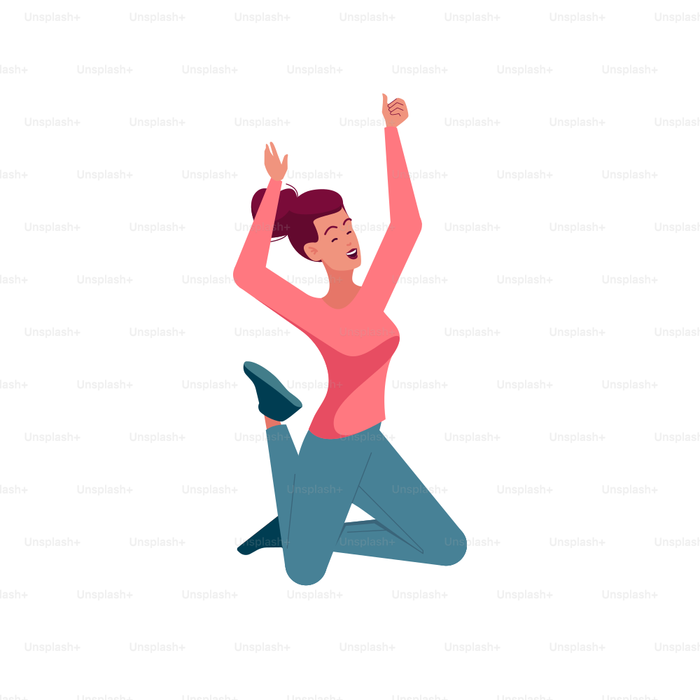 Glückliche Frau in Freizeitkleidung, die in die Luft springt und isoliert auf weißem Hintergrund lacht. Positiver weiblicher Charakter springen, Freiheit fühlen, Glück freuen, lustiges Konzept. Cartoon Menschen Vektor Illustration