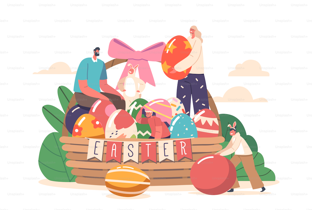 Happy Family Celebrate Easter Holidays. Dad, Mom and Children Wear Rabbit Ears Sitting in Huge Basket with Painted Eggs. Concept of Togetherness and Traditions. Cartoon People Vector Illustration