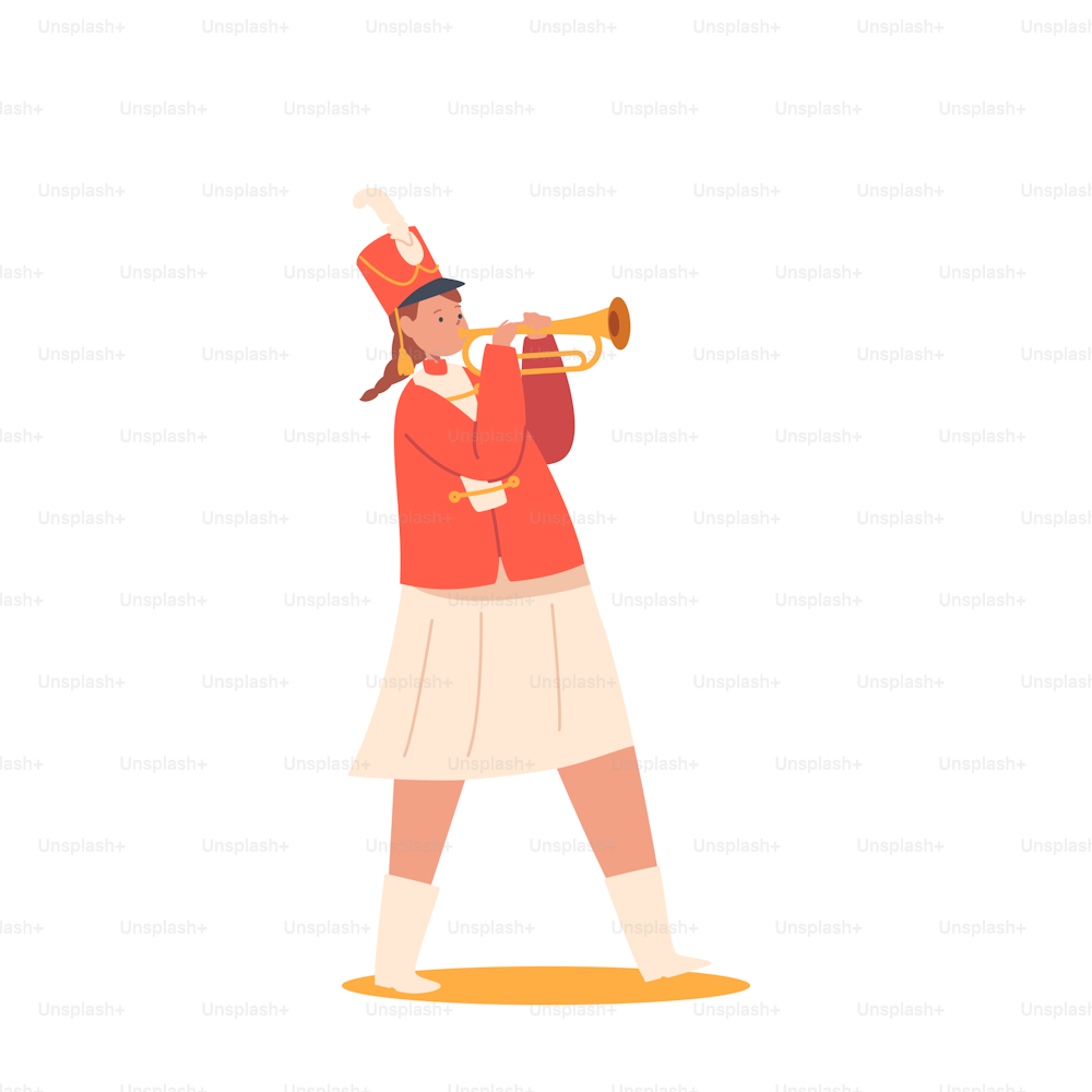 Glückliches Mädchen in Uniform spielt Festivalmusik mit Horn während des Parademarsches, der Messe oder des Schulkonzerts. Kinderfigur mit Horninstrument isoliert auf weißem Hintergrund. Cartoon Menschen Vektor Illustration