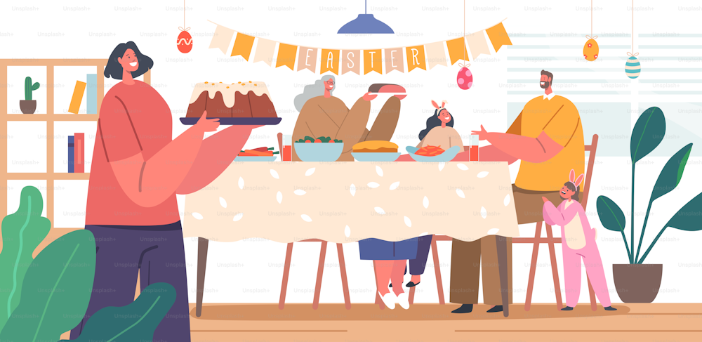 Personajes de la familia feliz: madre, padre, abuela y niños cenando Pascua alrededor de la mesa. Gente comiendo y hablando, padres alegres y niños almuerzo festivo. Ilustración vectorial de dibujos animados