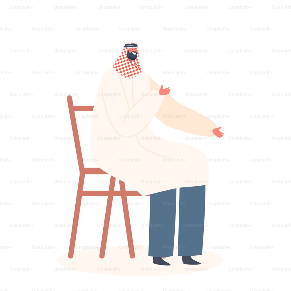 Personagem masculino muçulmano maduro usando vestido tradicional sentado na cadeira isolado no fundo branco. Homem Árabe em Roupas Nacionais. Pessoa árabe muçulmana. Ilustração vetorial de pessoas dos desenhos animados