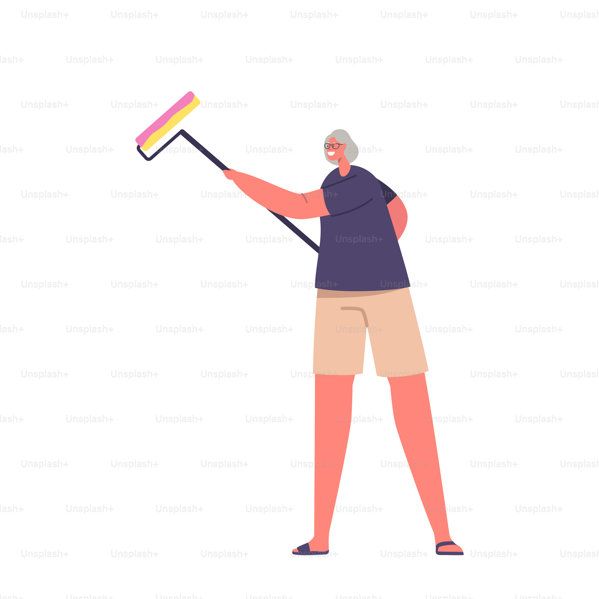 Senior Female Character with Painting Roll Isolated on White Background. Old Grey Haired Woman Doing Renovation Works, Painting Wall. Cartoon People Vector Illustration