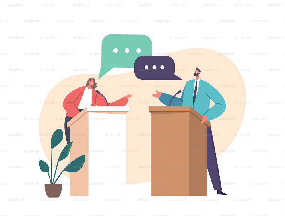 Debate Before Vote Concept with Male Female Leaders Of Opposing Political Parties Talking On Public Debates. Two Politician Characters Debate On Rostrum, Gender Equality. Cartoon Vector Illustration